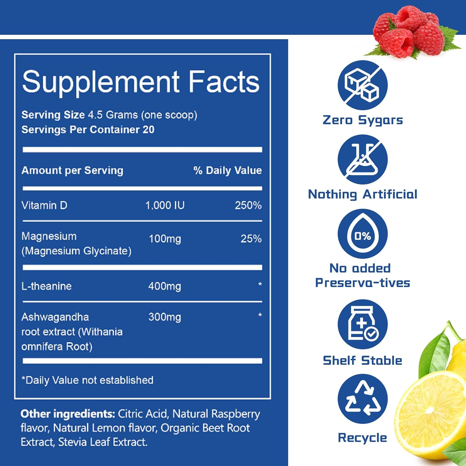 Calm Raspberry Lemonade Drink Mix with Adaptogenic Supplements for Women, 20 On The Go Packets