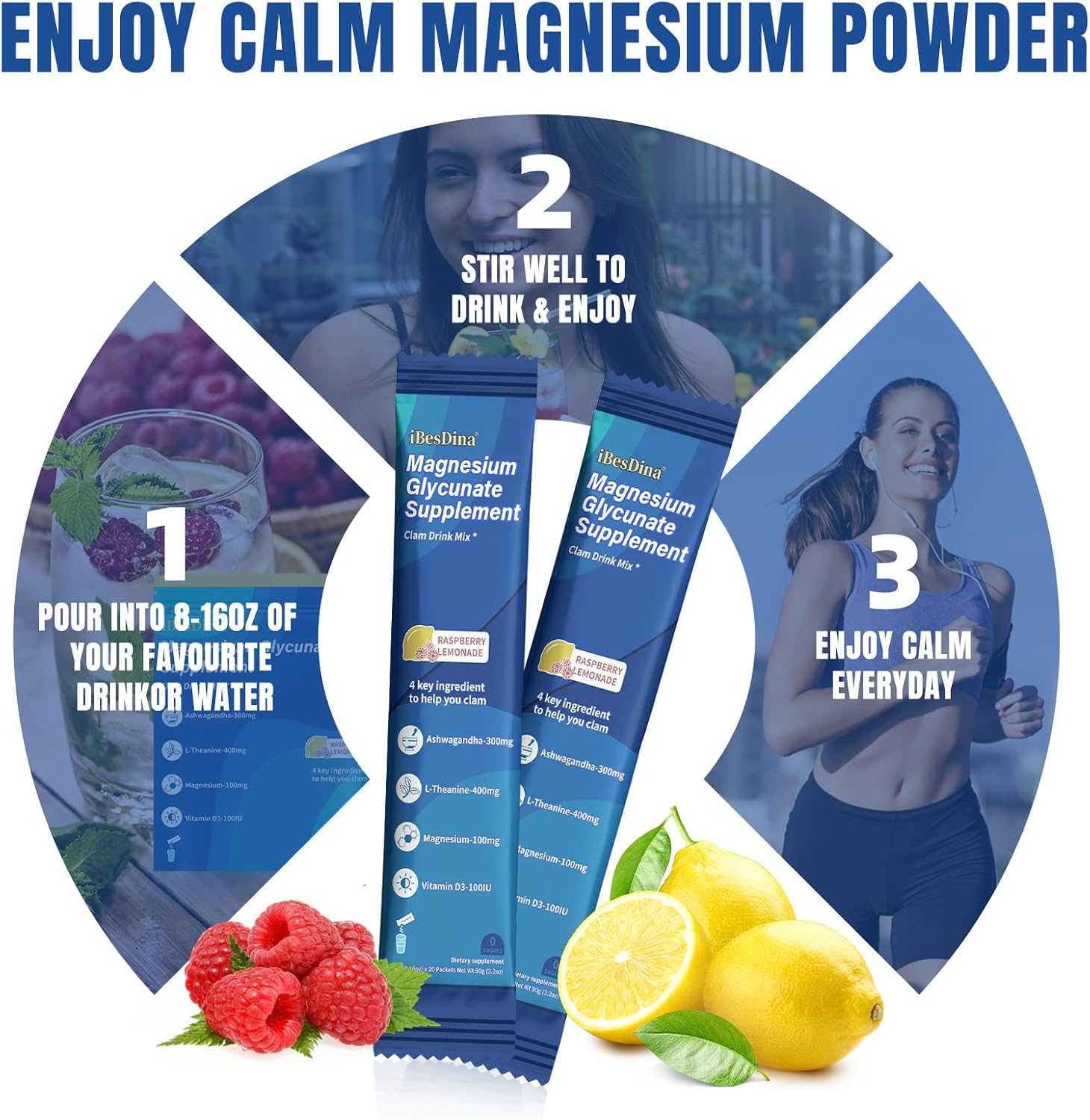 Calm Raspberry Lemonade Drink Mix with Adaptogenic Supplements for Women, 20 On The Go Packets