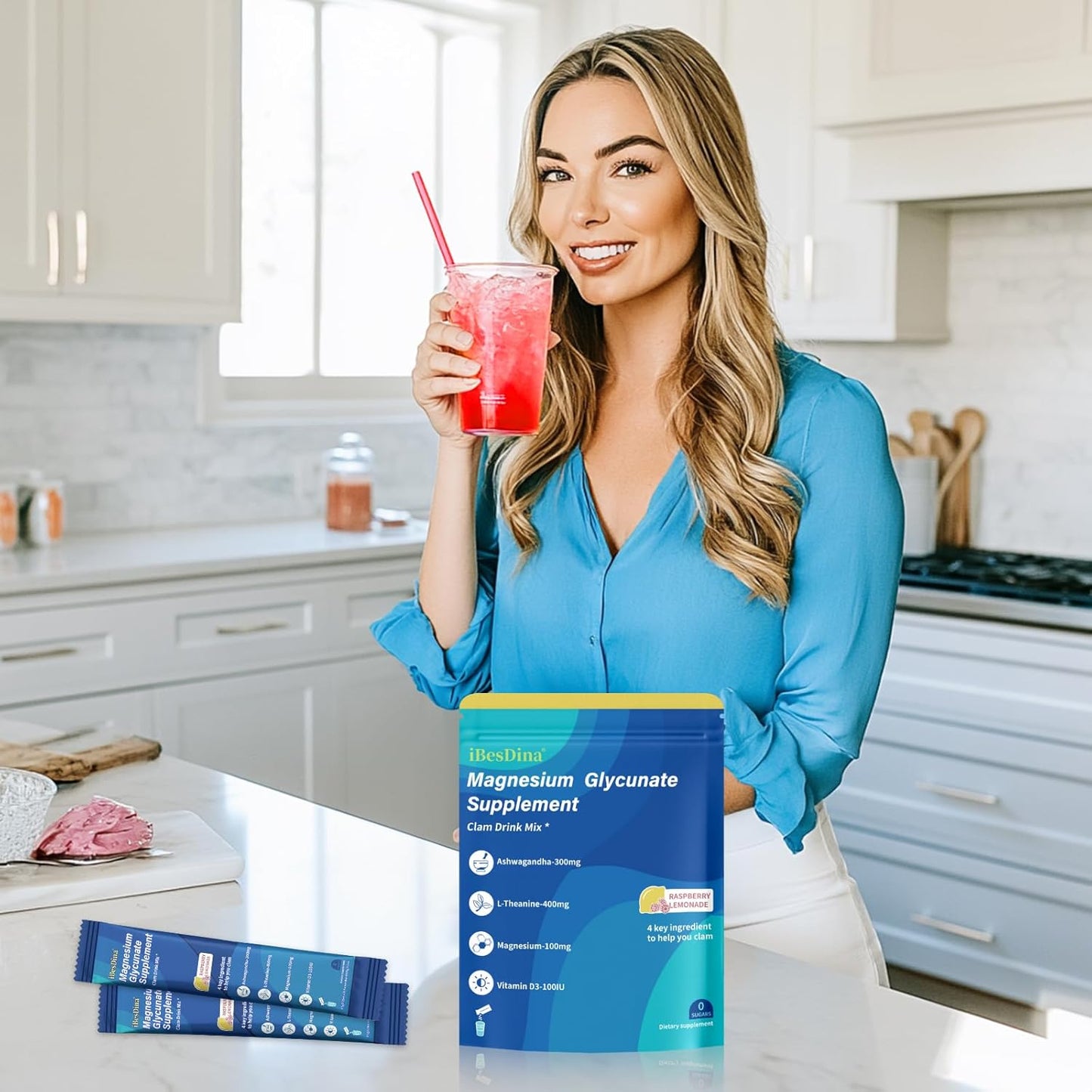 Calm Raspberry Lemonade Drink Mix with Adaptogenic Supplements for Women, 20 On The Go Packets