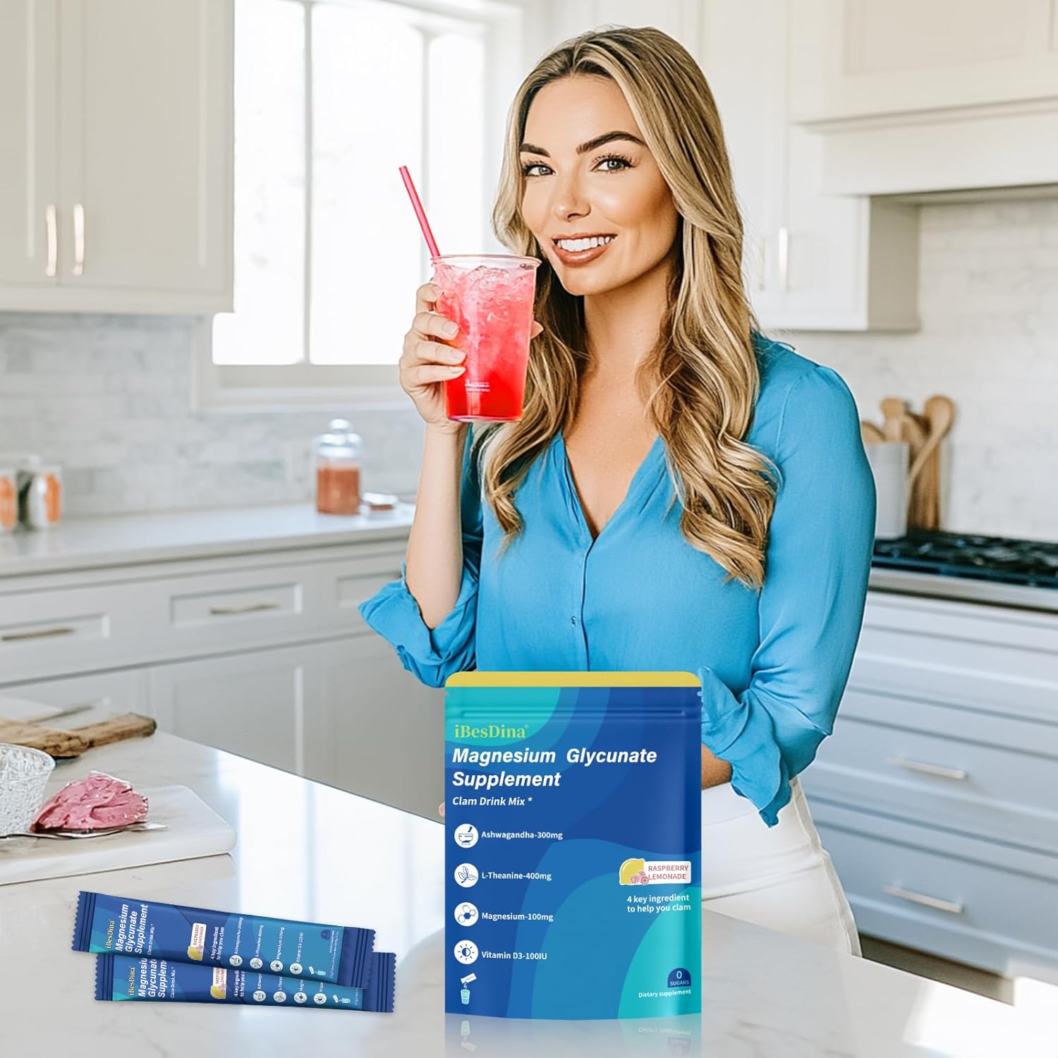 Calm Raspberry Lemonade Drink Mix with Adaptogenic Supplements for Women, 20 On The Go Packets