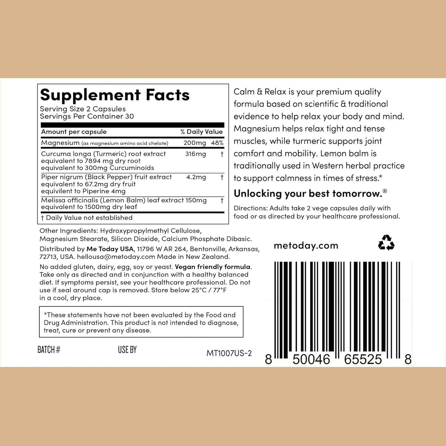 Calm & Relax Magnesium Supplement with Turmeric & Lemon Balm for Sleep Support - Vegan Formula | 60 Capsules