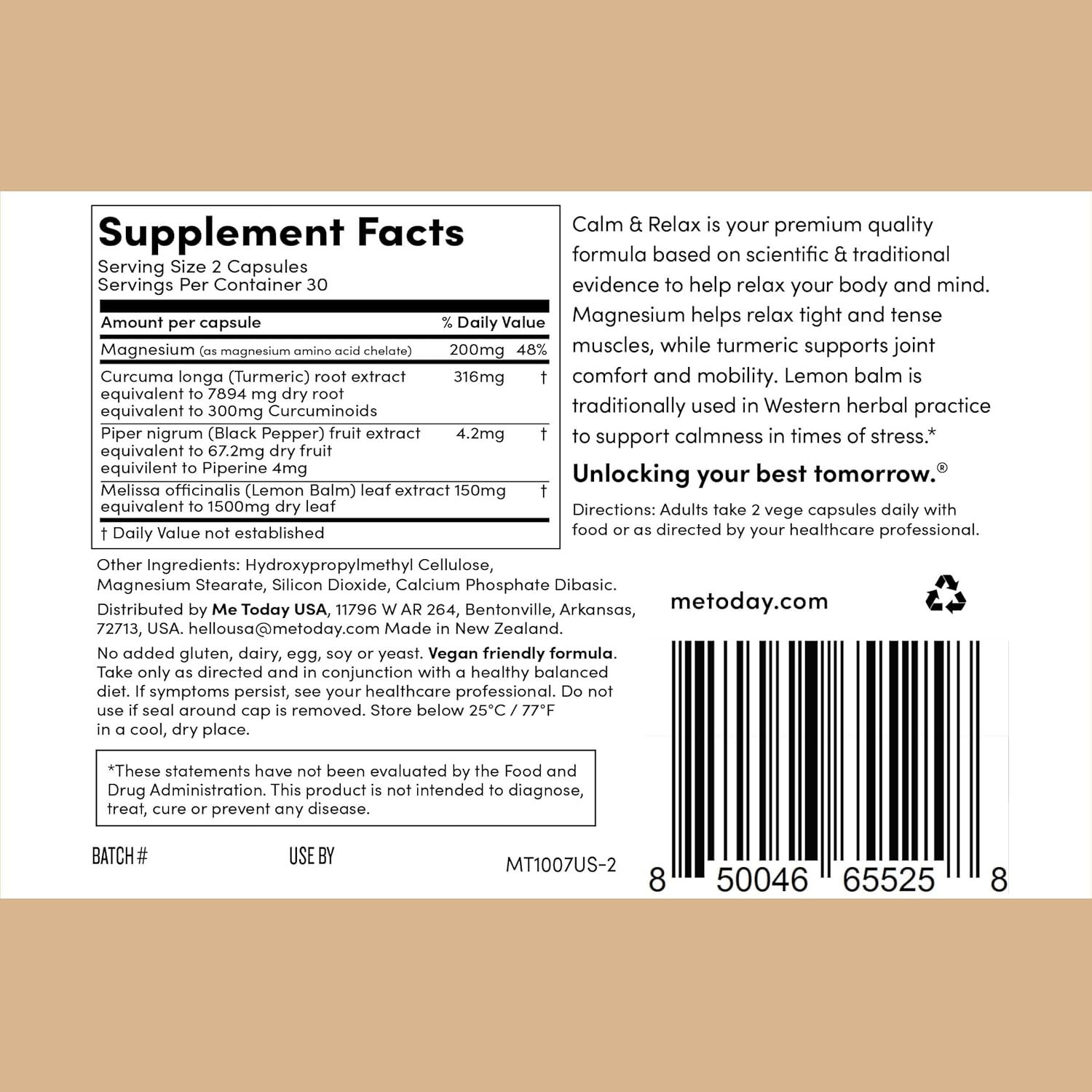 Calm & Relax Magnesium Supplement with Turmeric & Lemon Balm for Sleep Support - Vegan Formula | 60 Capsules