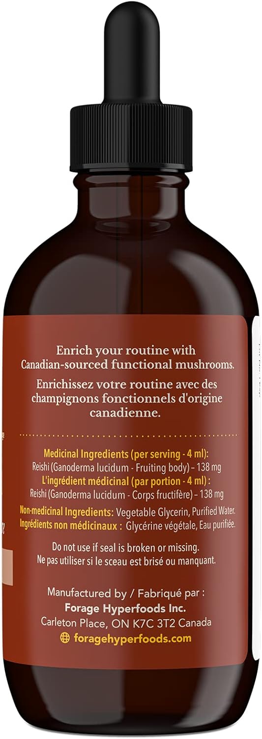 Canadian Wild Reishi Mushroom Liquid Supplement Extract Tincture - Alcohol-Free Superfood for Immune Support, Stress Relief - 118ML