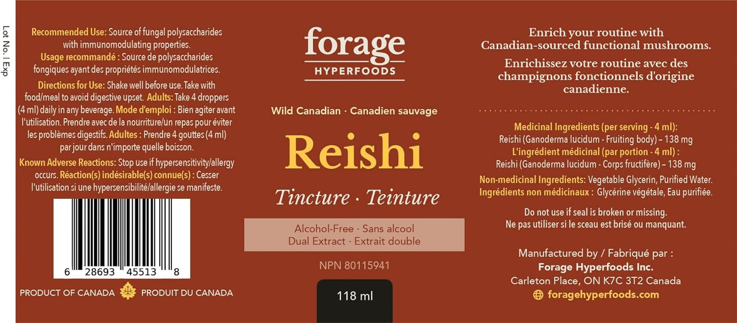 Canadian Wild Reishi Mushroom Liquid Supplement Extract Tincture - Alcohol-Free Superfood for Immune Support, Stress Relief - 118ML