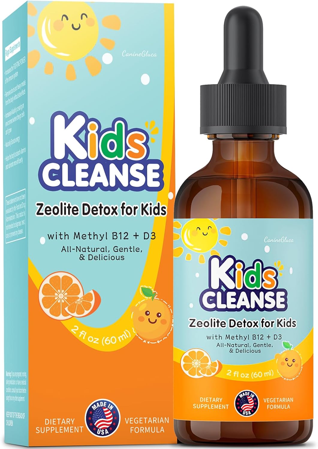 CanineGluca Kids Cleanse: Zeolite Detox Drops for Kids with Methyl B12, D3 - Heavy Metal Detox & Gut Health Support - Liquid Supplement (2oz)