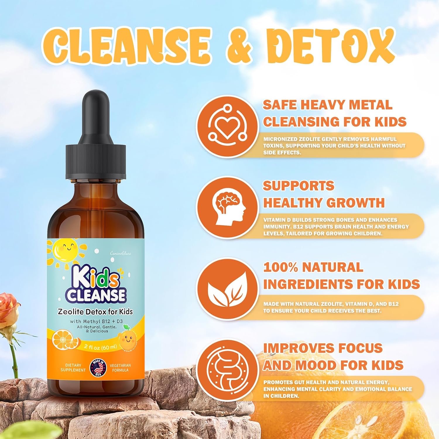 CanineGluca Kids Cleanse: Zeolite Detox Drops for Kids with Methyl B12, D3 - Heavy Metal Detox & Gut Health Support - Liquid Supplement (2oz)