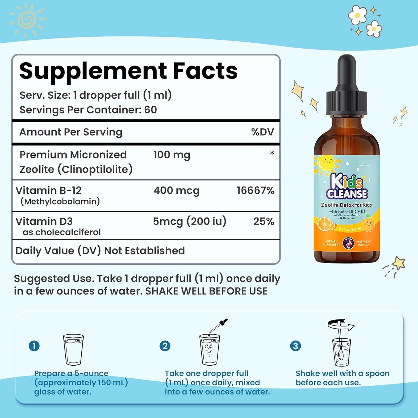 CanineGluca Kids Cleanse: Zeolite Detox Drops for Kids with Methyl B12, D3 - Heavy Metal Detox & Gut Health Support - Liquid Supplement (2oz)