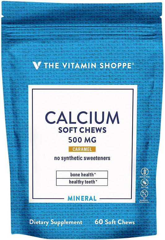 Caramel Flavored Calcium Chews with Vitamin K1 & D3 - 1,000mg for Strong Bones & Teeth (60 Chews)