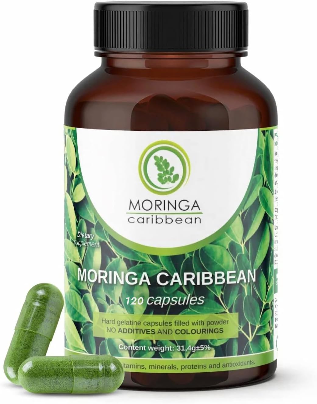 Caribbean Moringa Premium Powder Capsules - 100% Pure Vegan Superfood with Calcium, Magnesium, Vitamins, Antioxidants - Energy, Metabolism, Immune Support - 120 ct