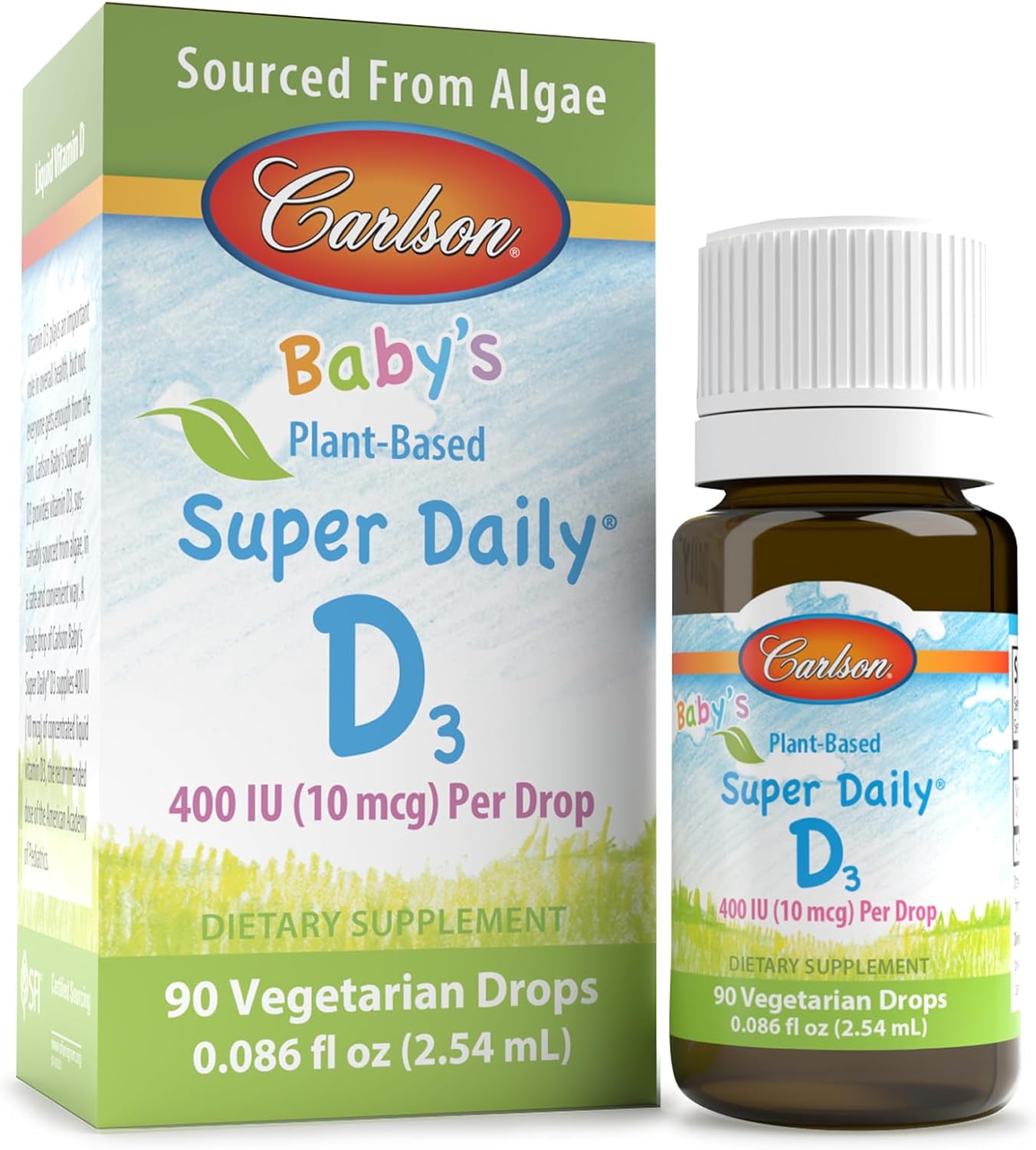 Carlson Baby Vegetarian Liquid Vitamin D Drops - Plant-Based Super Daily D3 for Infants & Toddlers - 400 IU (10 mcg) per Drop - Algae Sourced - Unflavored - 90 Drops