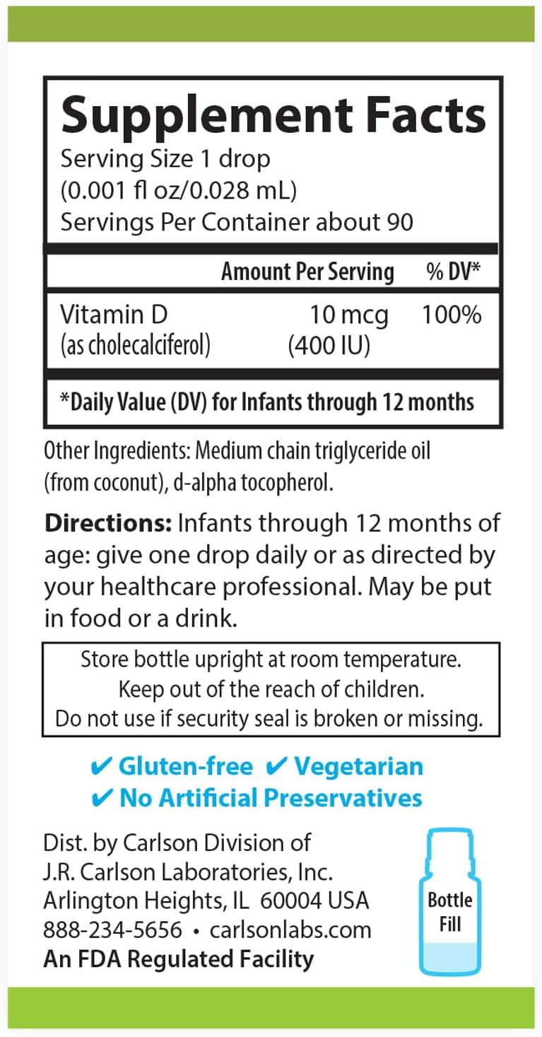 Carlson Baby Vegetarian Liquid Vitamin D Drops - Plant-Based Super Daily D3 for Infants & Toddlers - 400 IU (10 mcg) per Drop - Algae Sourced - Unflavored - 90 Drops