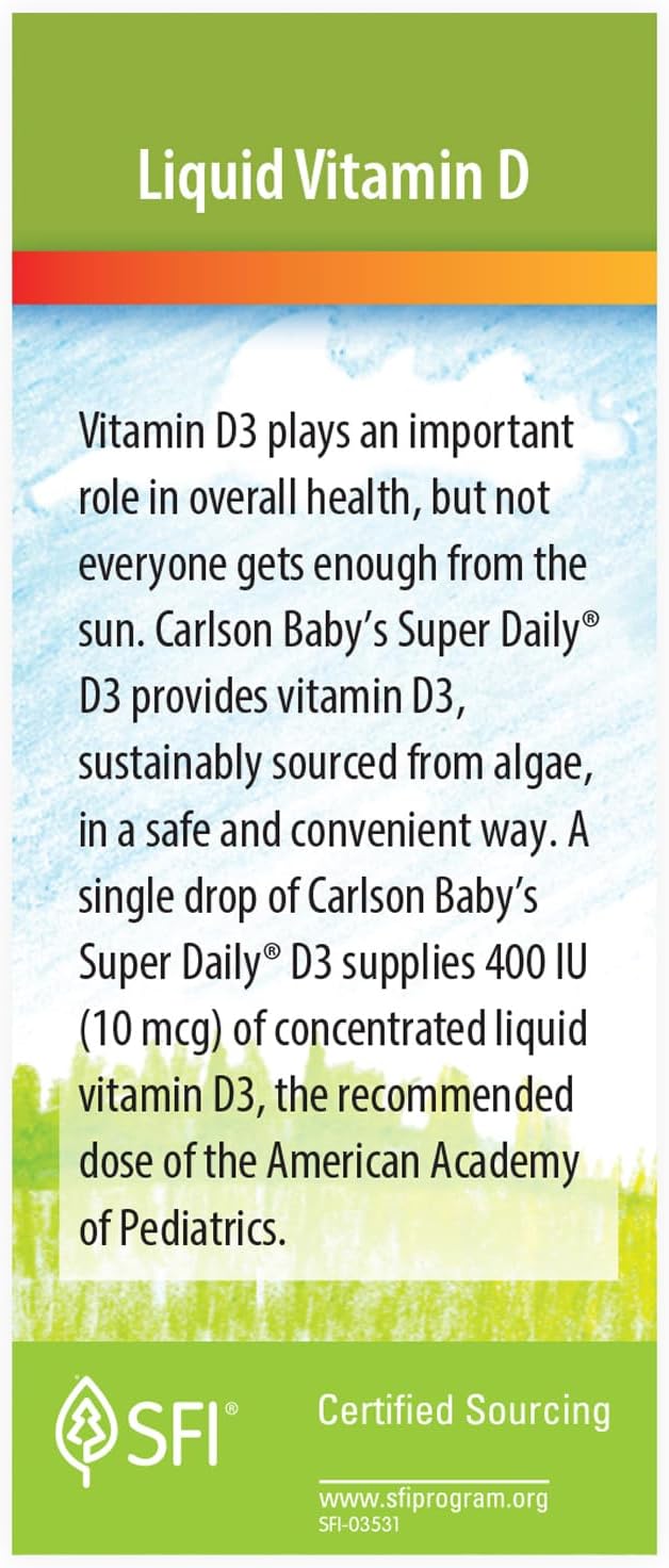 Carlson Baby Vegetarian Liquid Vitamin D Drops - Plant-Based Super Daily D3 for Infants & Toddlers - 400 IU (10 mcg) per Drop - Algae Sourced - Unflavored - 90 Drops