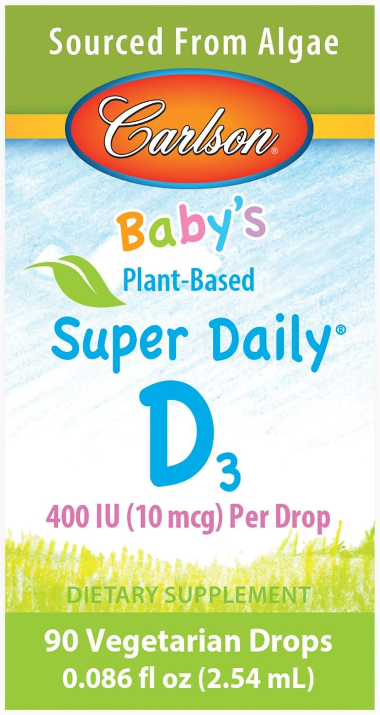 Carlson Baby Vegetarian Liquid Vitamin D Drops - Plant-Based Super Daily D3 for Infants & Toddlers - 400 IU (10 mcg) per Drop - Algae Sourced - Unflavored - 90 Drops