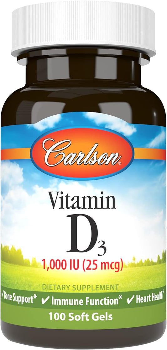 Carlson Vitamin D3 Soft Gels, 1000 IU (25 mcg), Bone & Muscle Health Support, Cholecalciferol Supplement