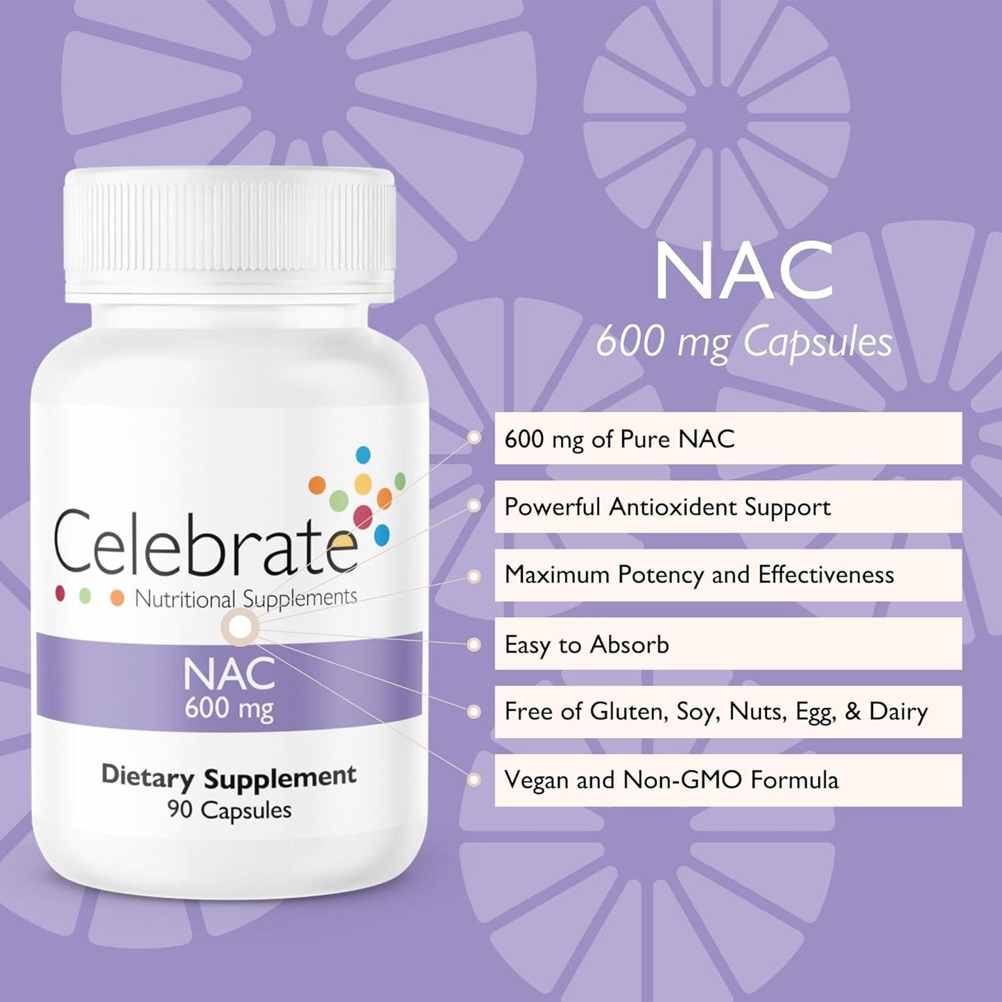 Celebrate Vitamins NAC Supplement - Gluten Free & Non-GMO - 600mg Capsules - 90 Count