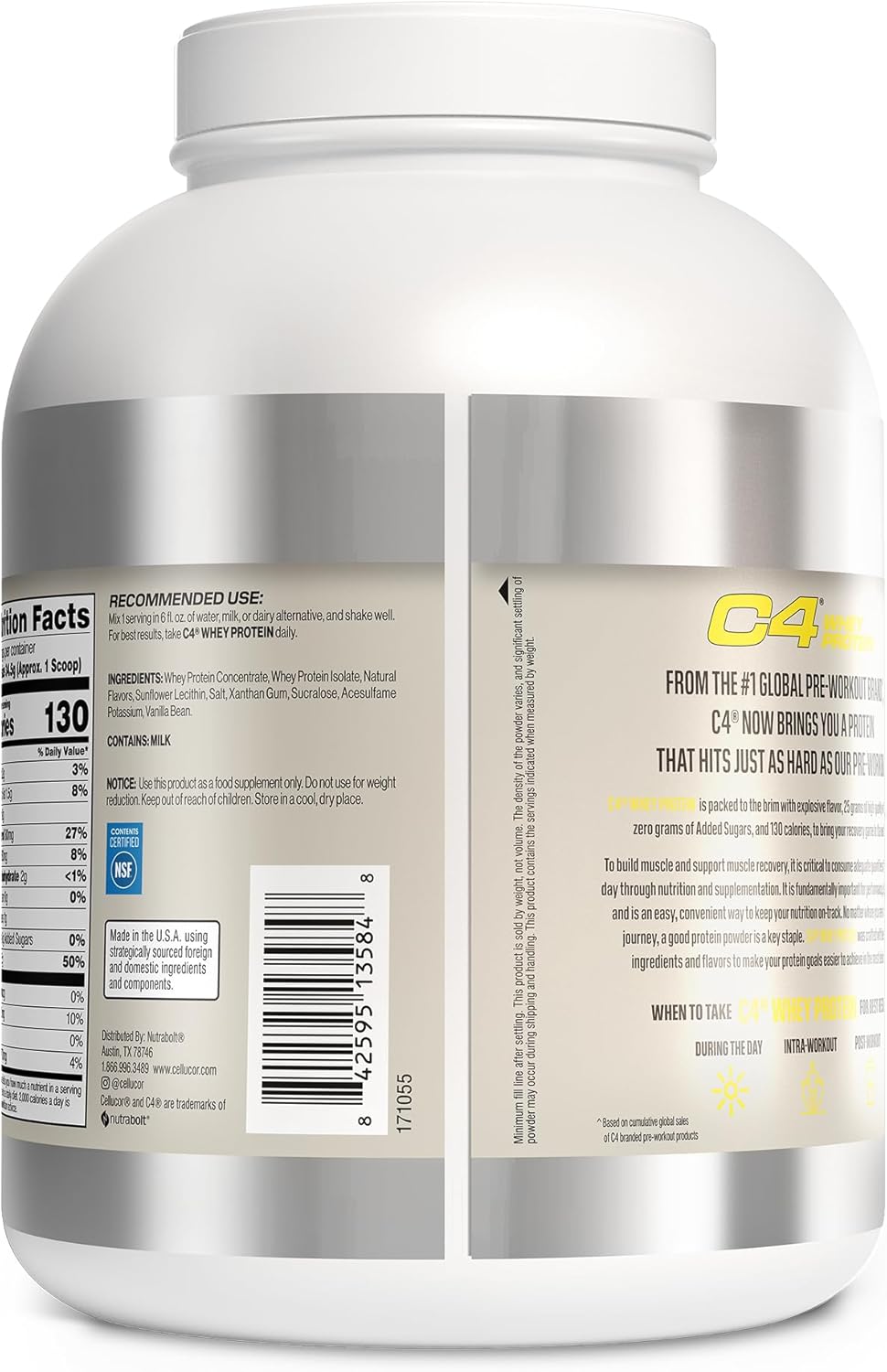 Cellucor C4 Vanilla Bean Whey Protein Powder - 25g Protein, 0g Sugar, 130 Calories, Muscle Recovery Support, 66 Servings