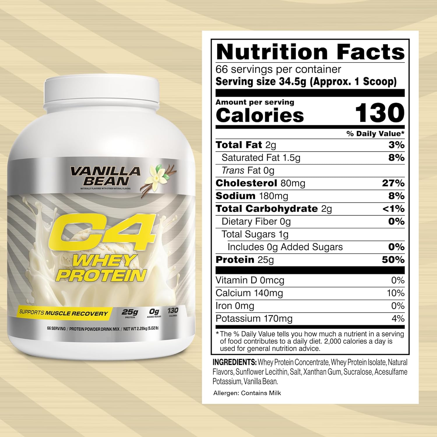 Cellucor C4 Vanilla Bean Whey Protein Powder - 25g Protein, 0g Sugar, 130 Calories, Muscle Recovery Support, 66 Servings