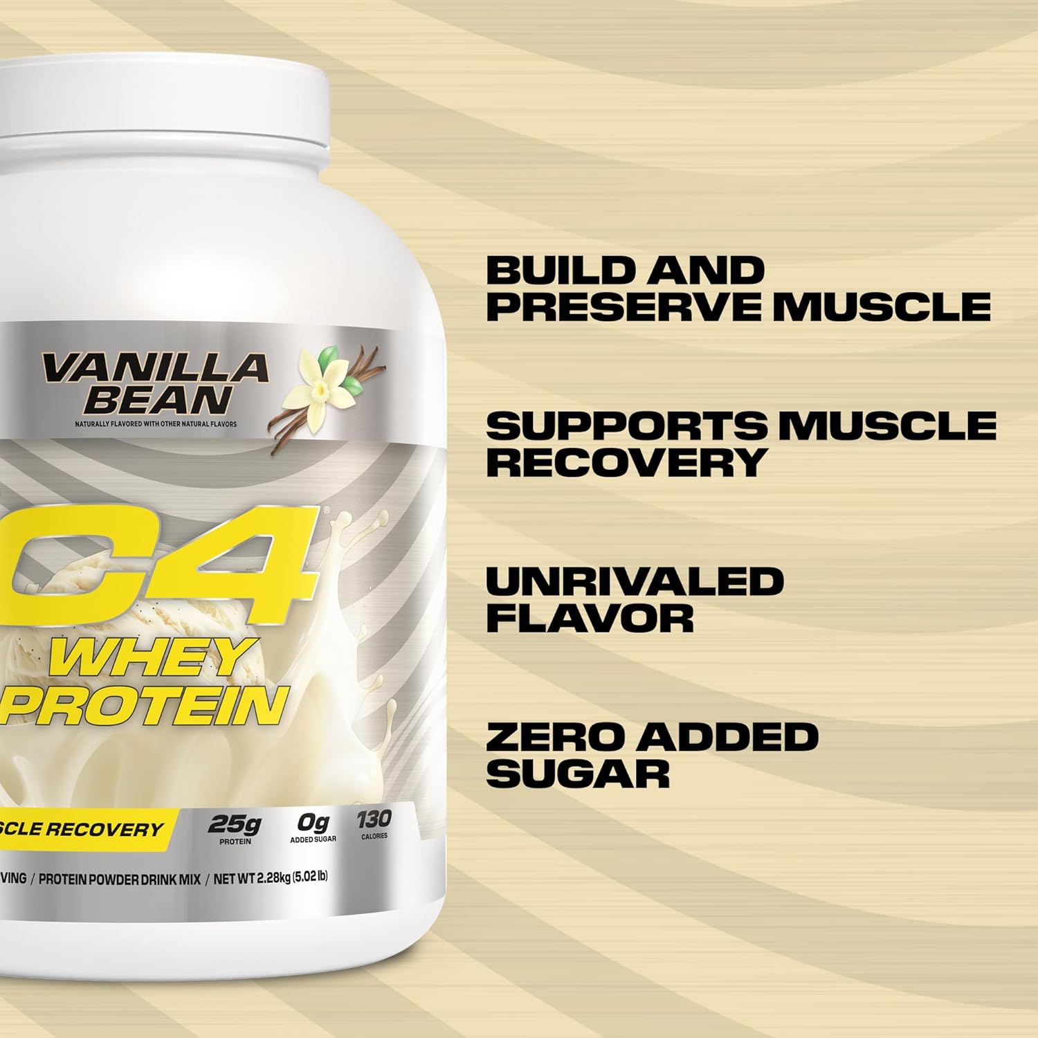 Cellucor C4 Vanilla Bean Whey Protein Powder - 25g Protein, 0g Sugar, 130 Calories, Muscle Recovery Support, 66 Servings