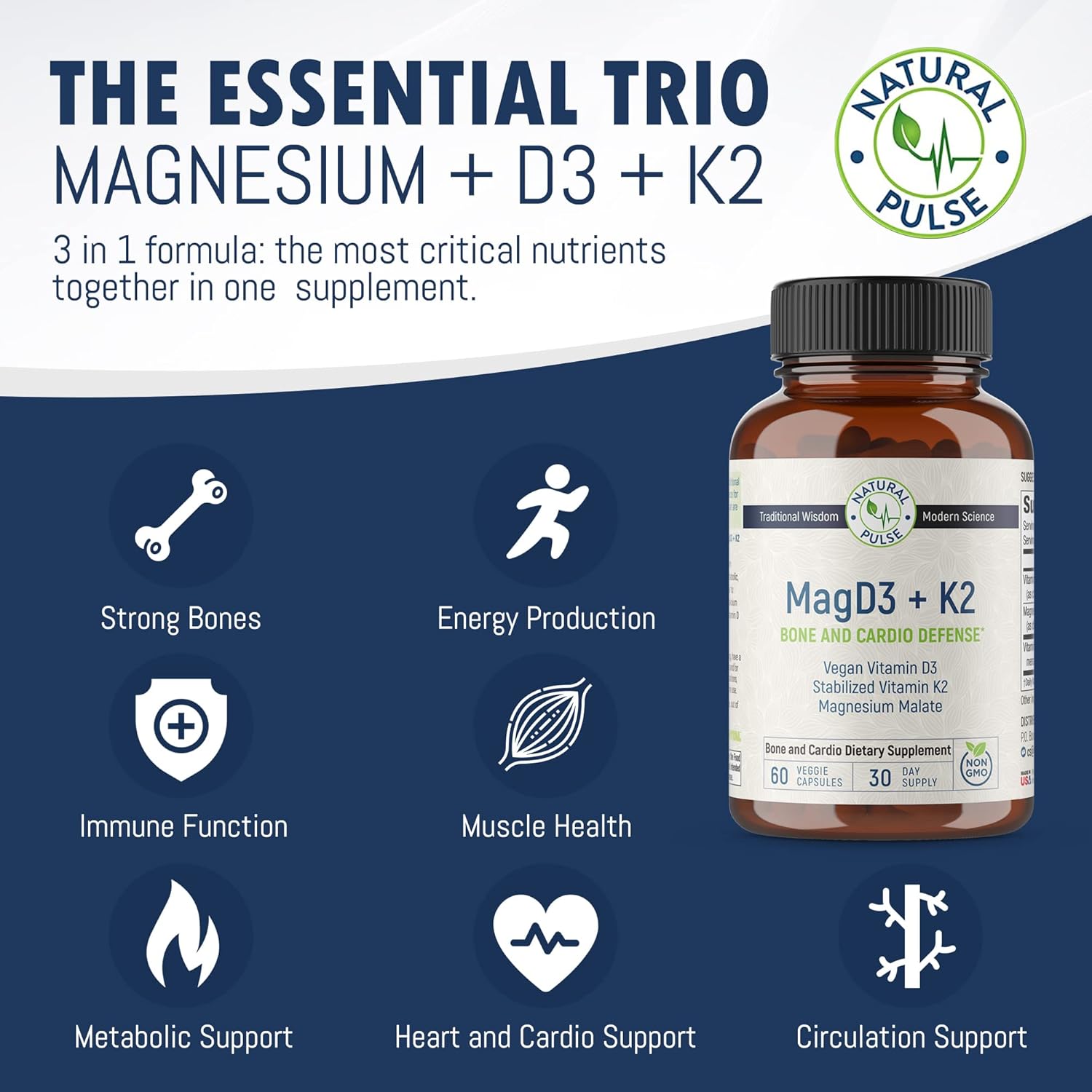 Cellular Energy & Cardiovascular Support Supplement with Magnesium, Vitamin D3, and Vitamin K2 - 90 Vegan Capsules