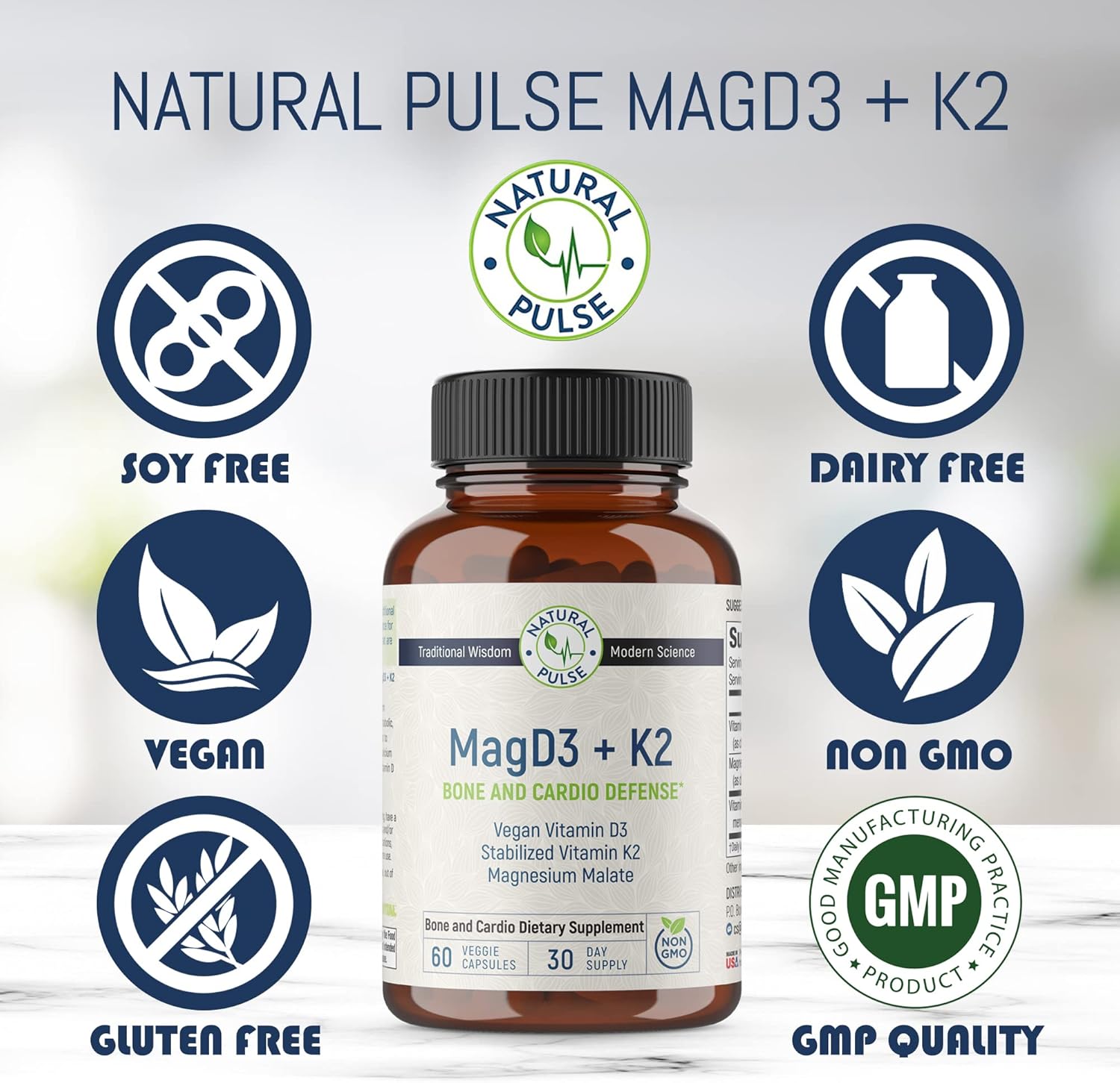 Cellular Energy & Cardiovascular Support Supplement with Magnesium, Vitamin D3, and Vitamin K2 - 90 Vegan Capsules