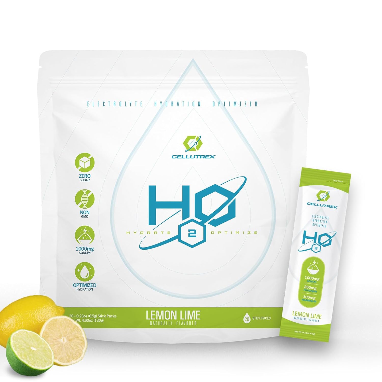 Cellutrex® H2O Electrolytes Lemon Lime Powder Drink Mix - Zero Sugar, Non-GMO, Natural Salt for Workouts & Travel - 20 Stick Packs
