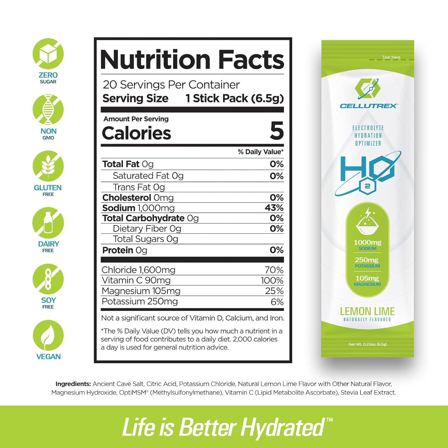 Cellutrex® H2O Electrolytes Lemon Lime Powder Drink Mix - Zero Sugar, Non-GMO, Natural Salt for Workouts & Travel - 20 Stick Packs