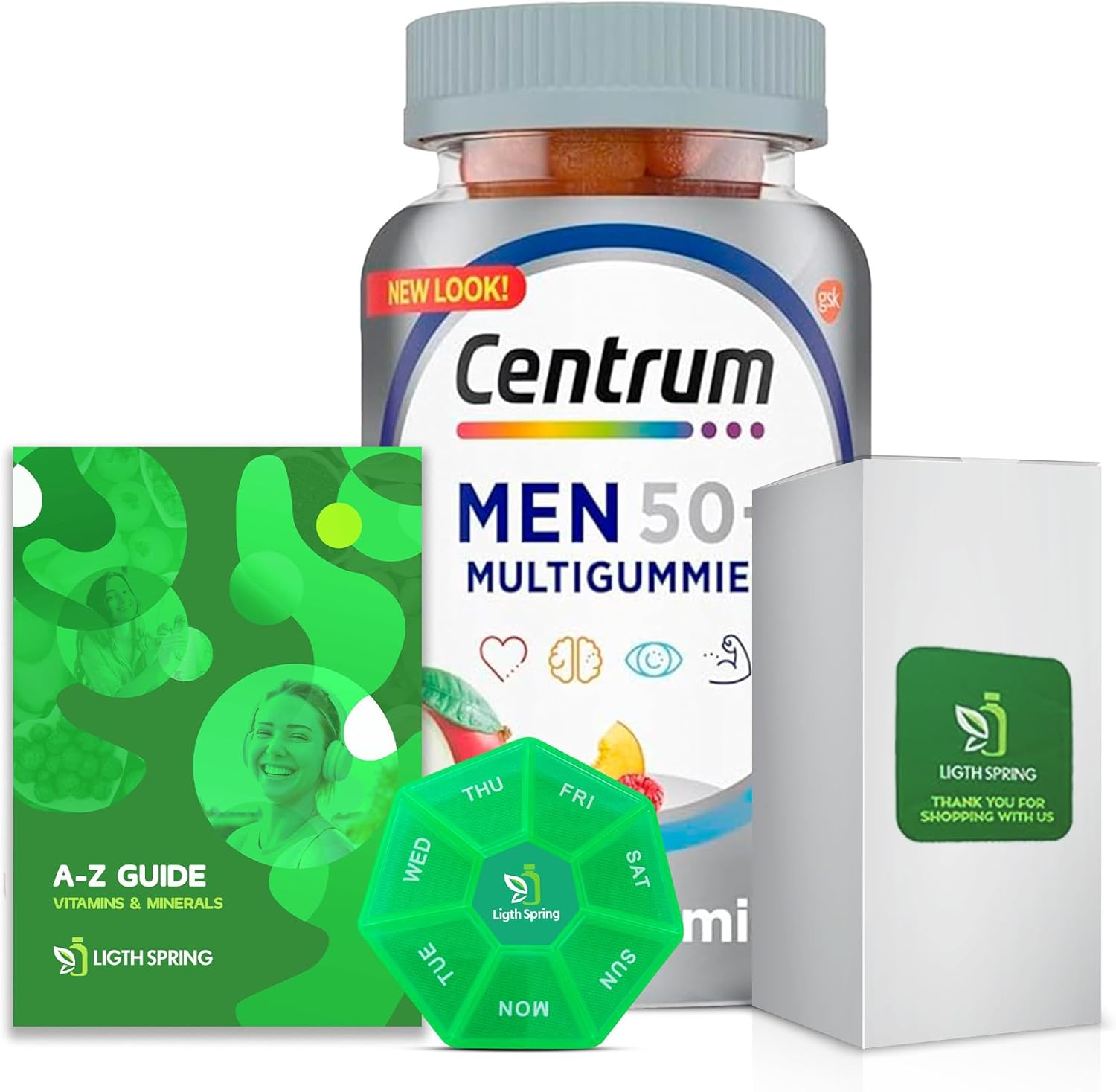Centrum Silver Men 50+ Gummies - 80 Count Multivitamin Supplement with Weekly Pill Organizer and A to Z Light & Spring Guide