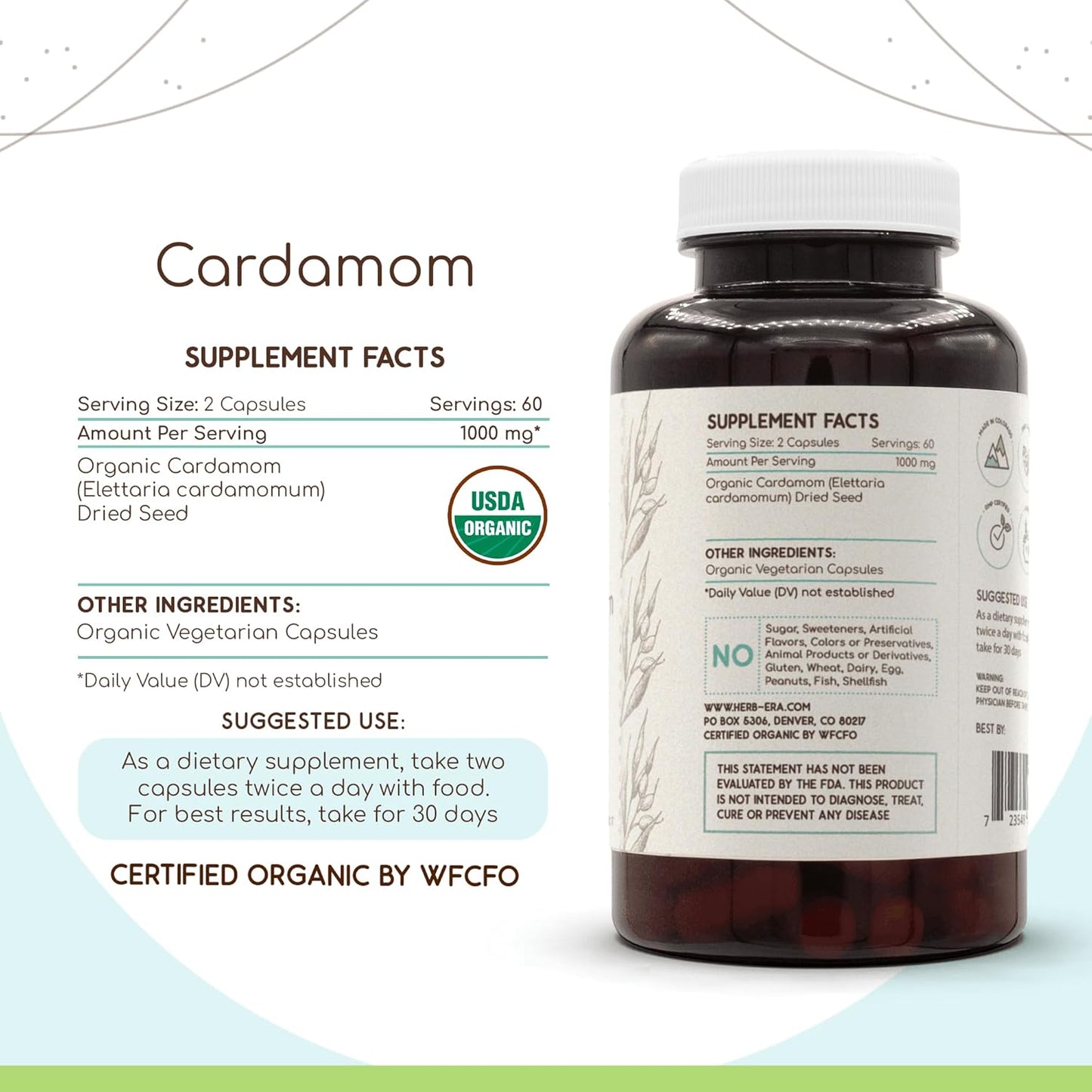 Certified Organic Cardamom Supplement in Vegetarian Capsules - 120 Count