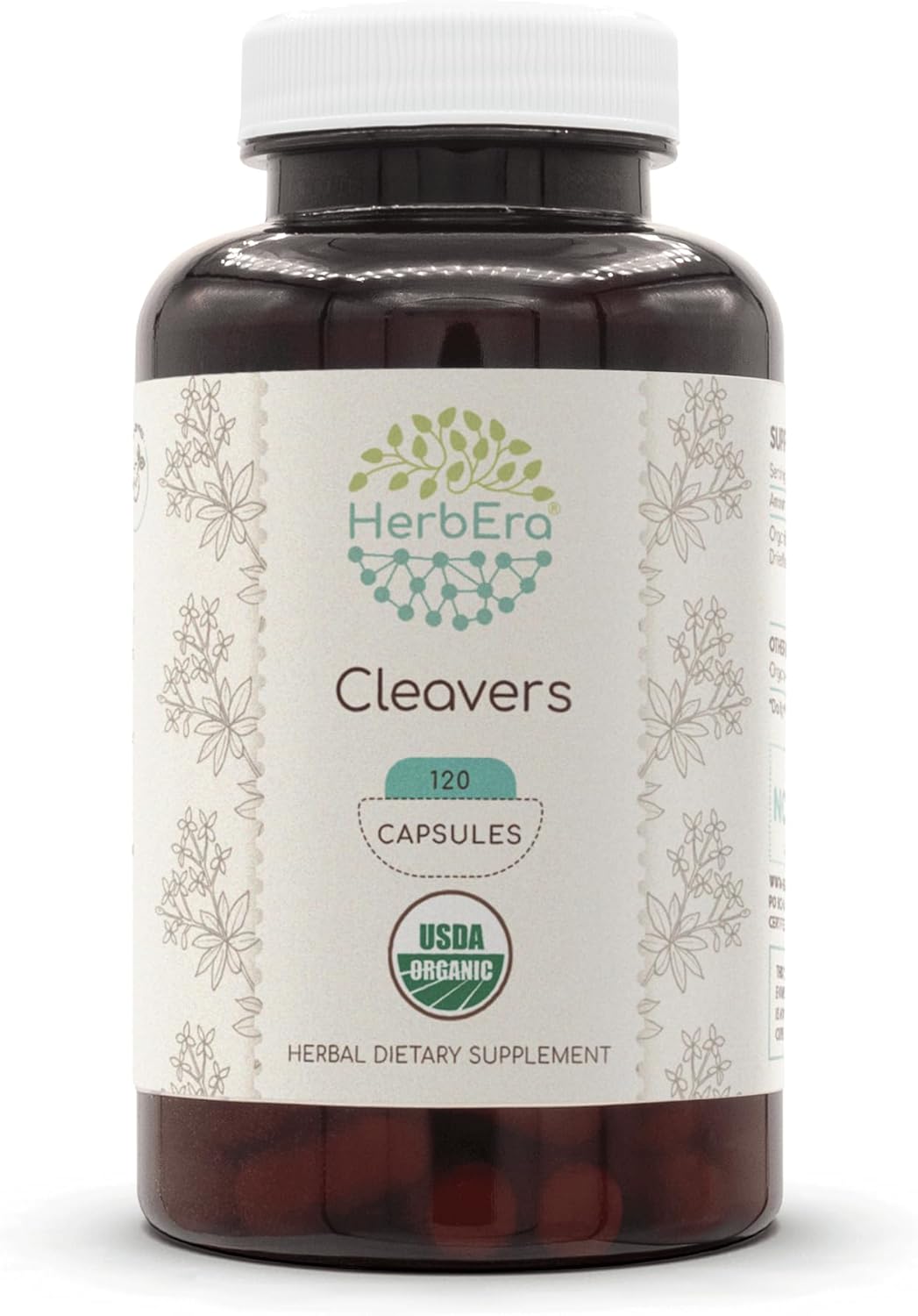 Certified Organic Cleavers Capsules - HerbEra Herbal Supplement | 120 Vegetarian Capsules of Galium aparine Dried Herb