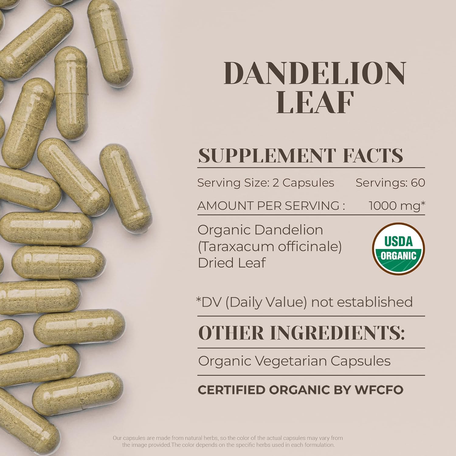 Certified Organic Dandelion Leaf Capsules - High-Potency Digestive Supplement with USDA Organic Ingredients (120 Capsules)