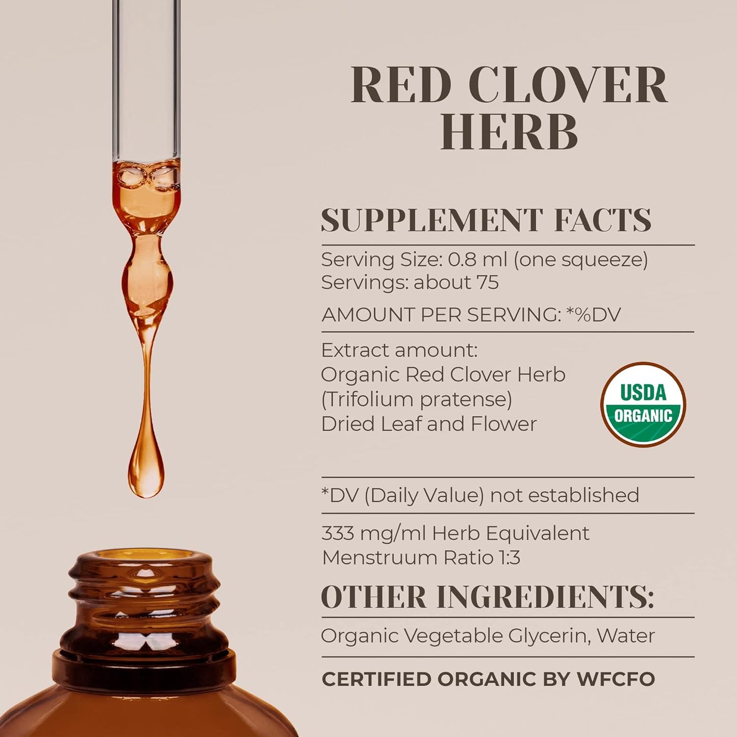 Certified Organic Red Clover Herb Extract - Alcohol-Free Tincture - High-Potency Dietary Supplement - 2 oz Bottle