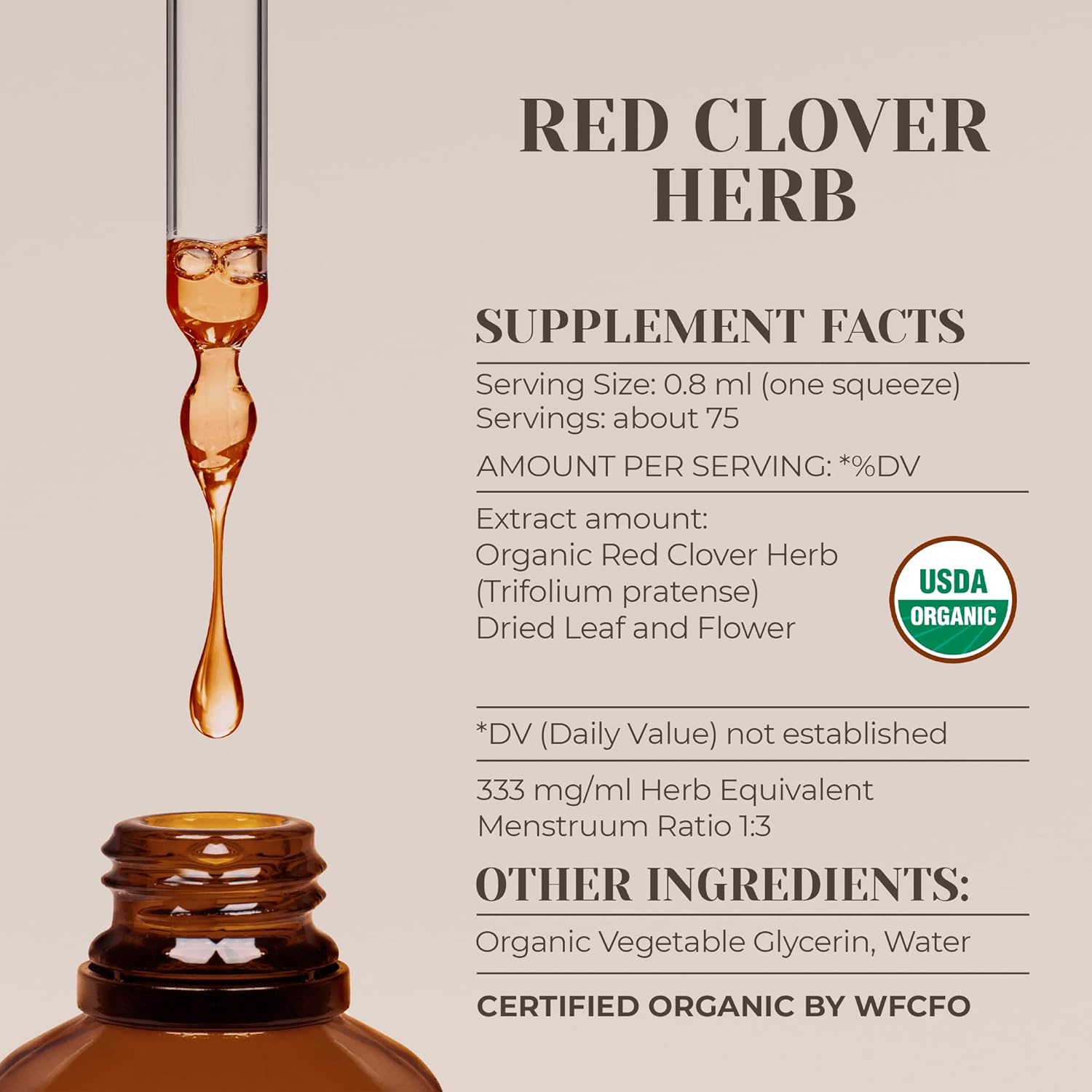 Certified Organic Red Clover Herb Extract - Alcohol-Free Tincture - High-Potency Dietary Supplement - 2 oz Bottle