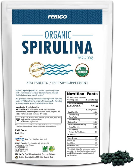 Certified Organic Spirulina Tablets - 250g, 83 Days Supply - Vegan Superfood with Multivitamins, Protein, and Antioxidants