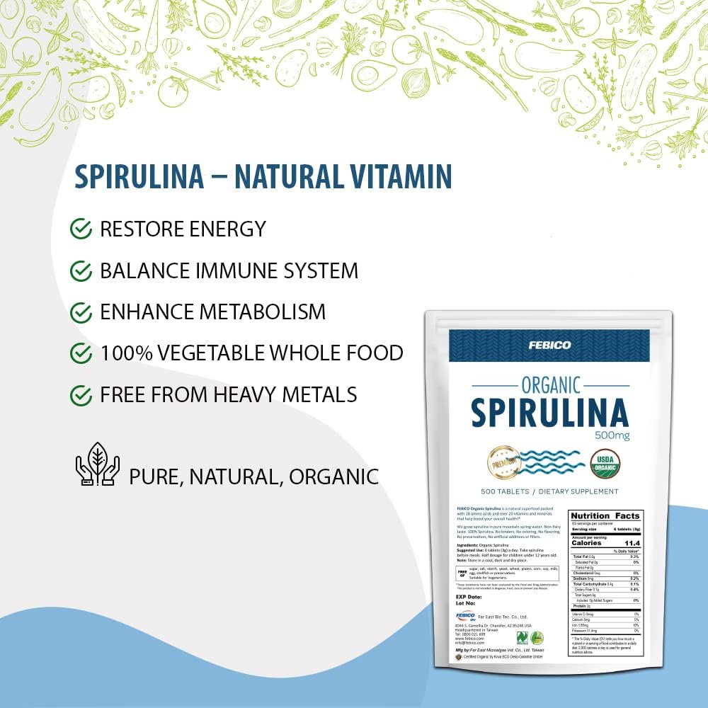 Certified Organic Spirulina Tablets - 250g, 83 Days Supply - Vegan Superfood with Multivitamins, Protein, and Antioxidants