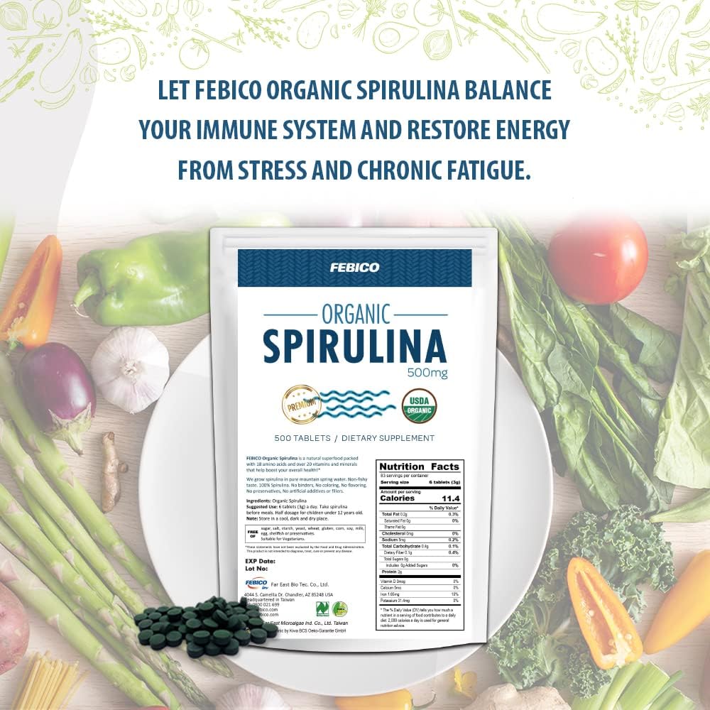 Certified Organic Spirulina Tablets - 250g, 83 Days Supply - Vegan Superfood with Multivitamins, Protein, and Antioxidants