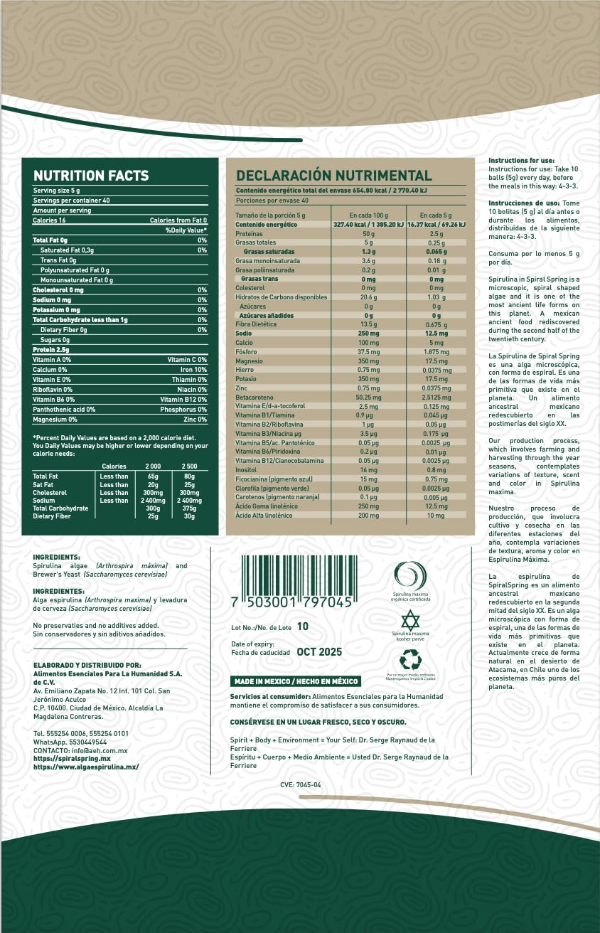Certified Organic Spirulina Tablets with Brewer's Yeast - 200g Bag, Kosher, Gluten Free