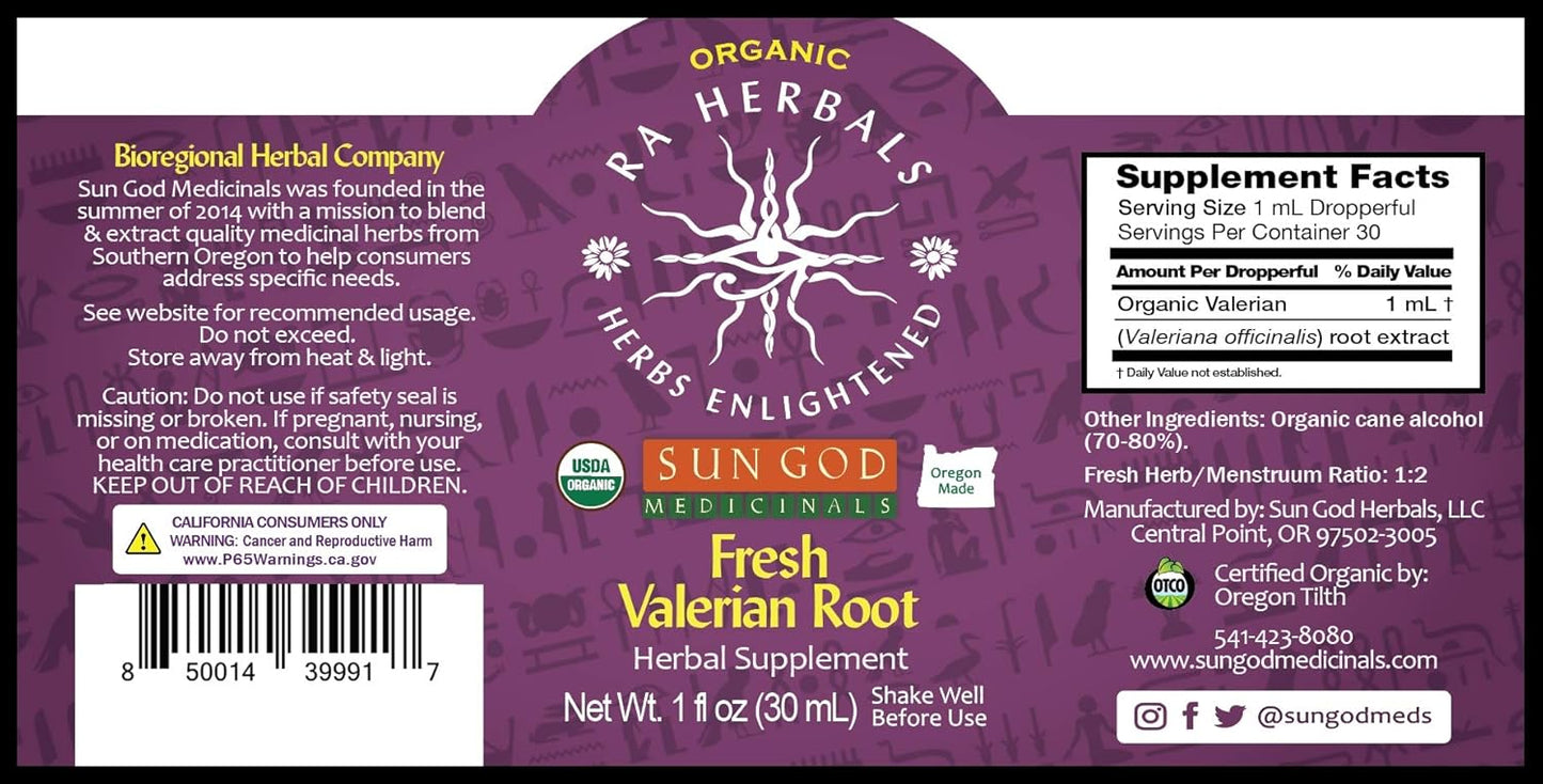 Certified Organic Valerian Root Liquid Extract by Sun God Medicinals Ra Herbals - 1oz Bottle for Relaxation