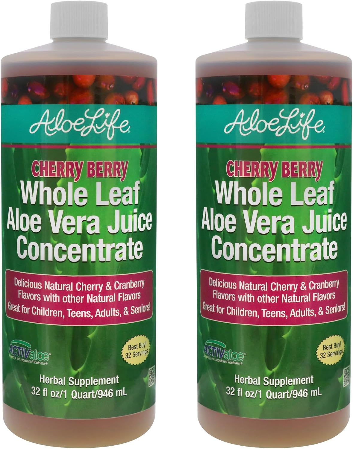 Certified Organic Whole Leaf Aloe Vera Juice with Trace Minerals - Cherry Berry Flavor, 32 oz (2-Pack)
