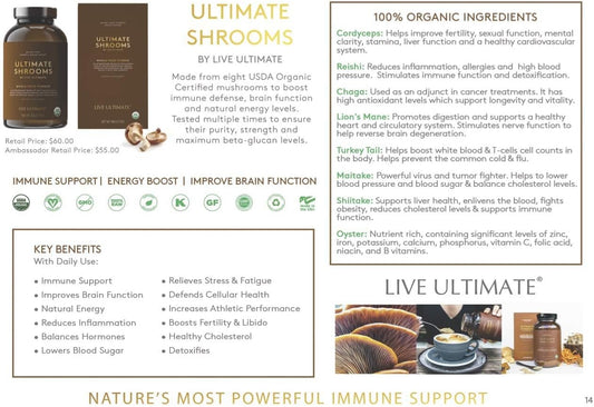 Certified USDA Whole Food Mushroom Extract Powder with Chaga, Cordyceps, Reishi - Natural Energy, Immune Support, Detox - 8 Organic Mushrooms