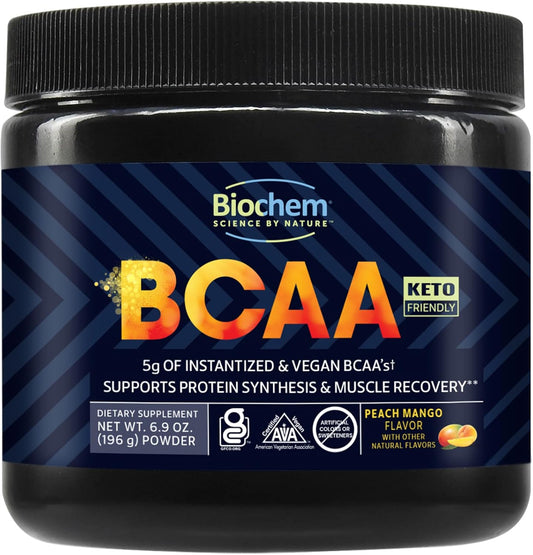 Certified Vegan Peach Mango BCAA Powder for Muscle Recovery & Hydration - 30 Servings, 5g Amino Acids, Gluten Free & Keto Friendly