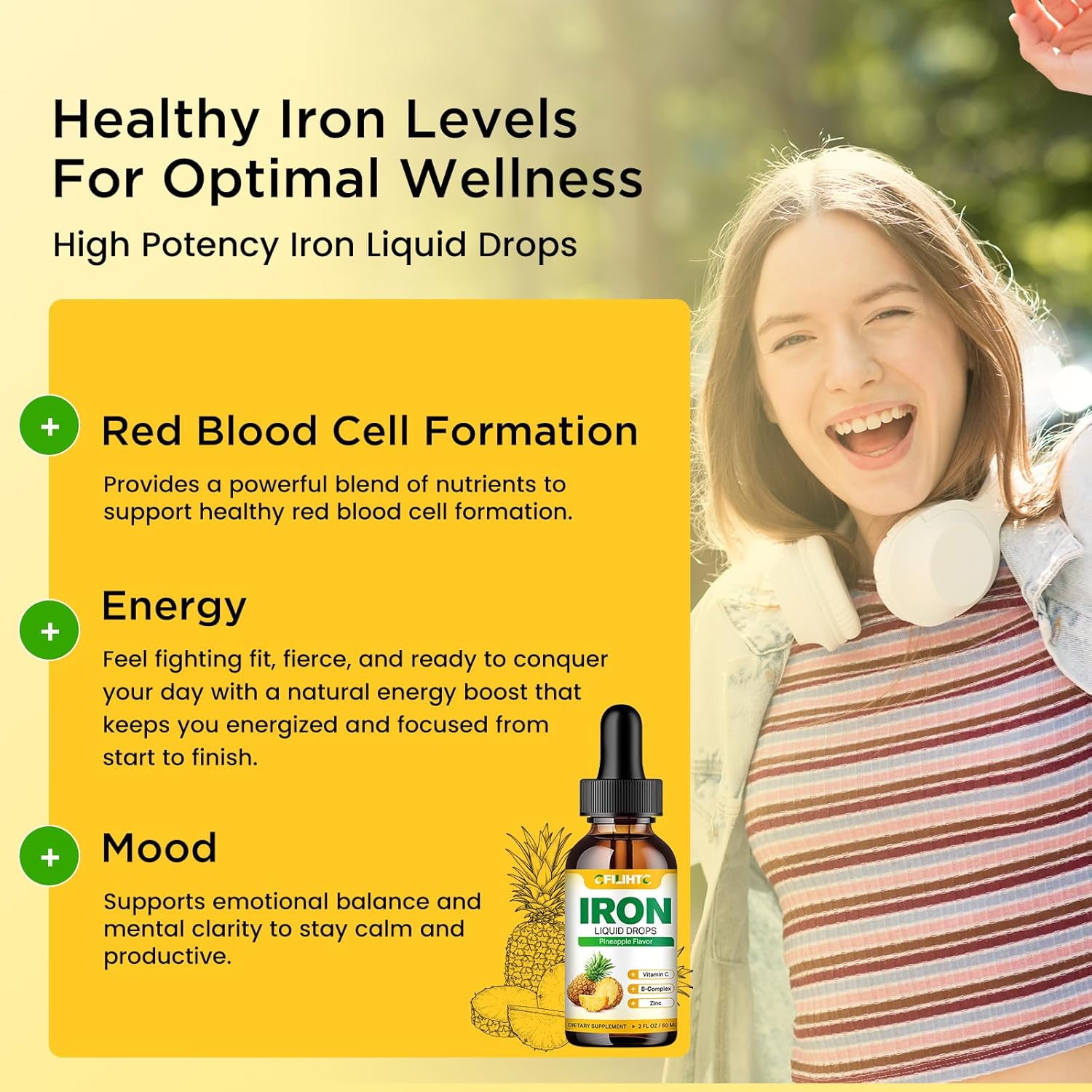CFILIHTC Liquid Iron Supplement for Women Men & Kids - Natural Pineapple Flavor - Vegan - 2 Fl Oz - Multivitamin Iron Drops with Folate, Vitamin C, B6, B12, Zinc for Anemia, Iron Deficiency, Blood Builder & Energy Booster