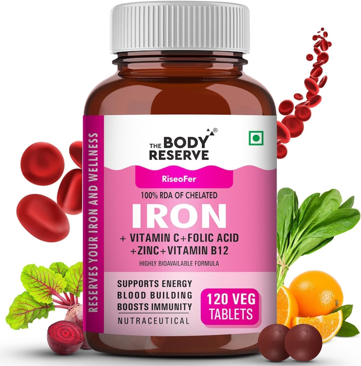 Chelated Iron and Vitamin C Supplement with Vitamin B12, Zinc, Folic Acid - 120 Veg Tablets for Blood Building, Energy, and Immunity - High Absorption Formula