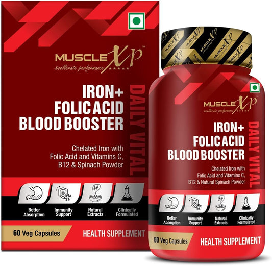 Chelated Iron Folic Acid Hemoglobin Booster with Vitamin C, B12 & Spinach - 60 Veg Capsules