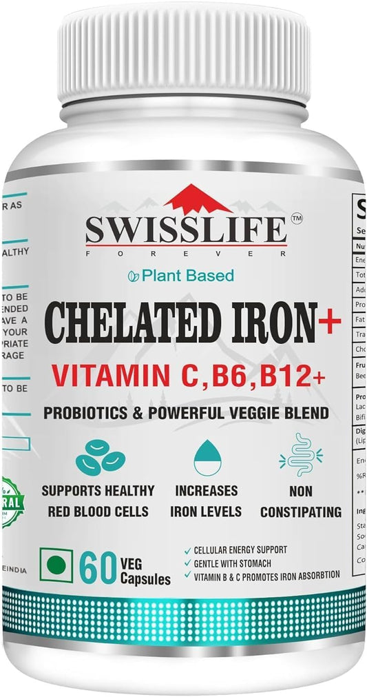 Chelated Iron Folic Acid with Vitamin C, B6, B9, B12 Veg Tablets 60ct - Probiotics Included