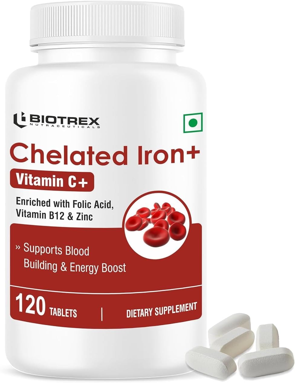 Chelated Iron with Vitamin C, B12, Folic Acid, and Zinc - 120 Vegetarian Tablets for Energy, Concentration, and Hemoglobin Boost