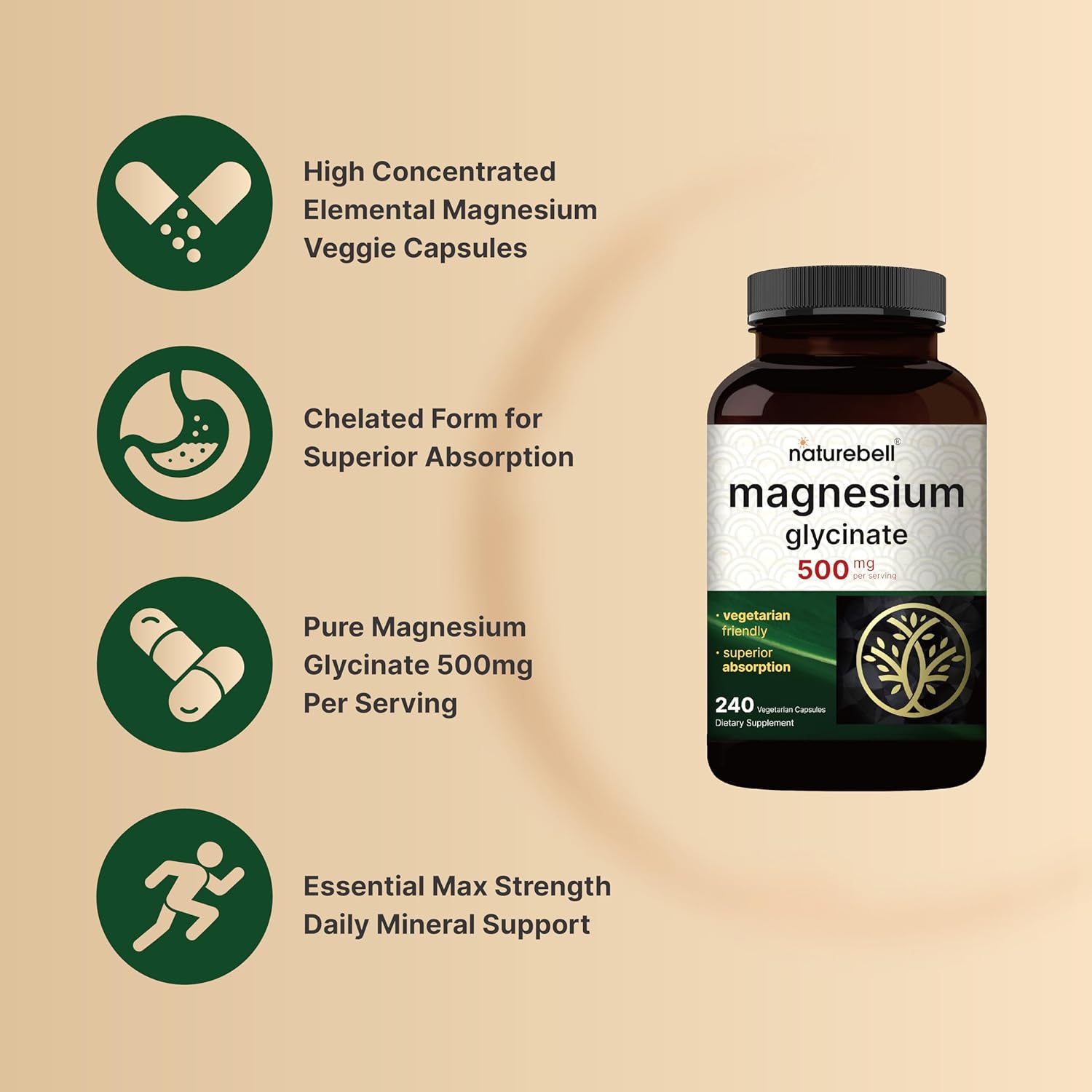 Chelated Magnesium Glycinate 500mg, 240 Veggie Capsules - High Quality Mineral Supplement - Non-GMO, Gluten Free