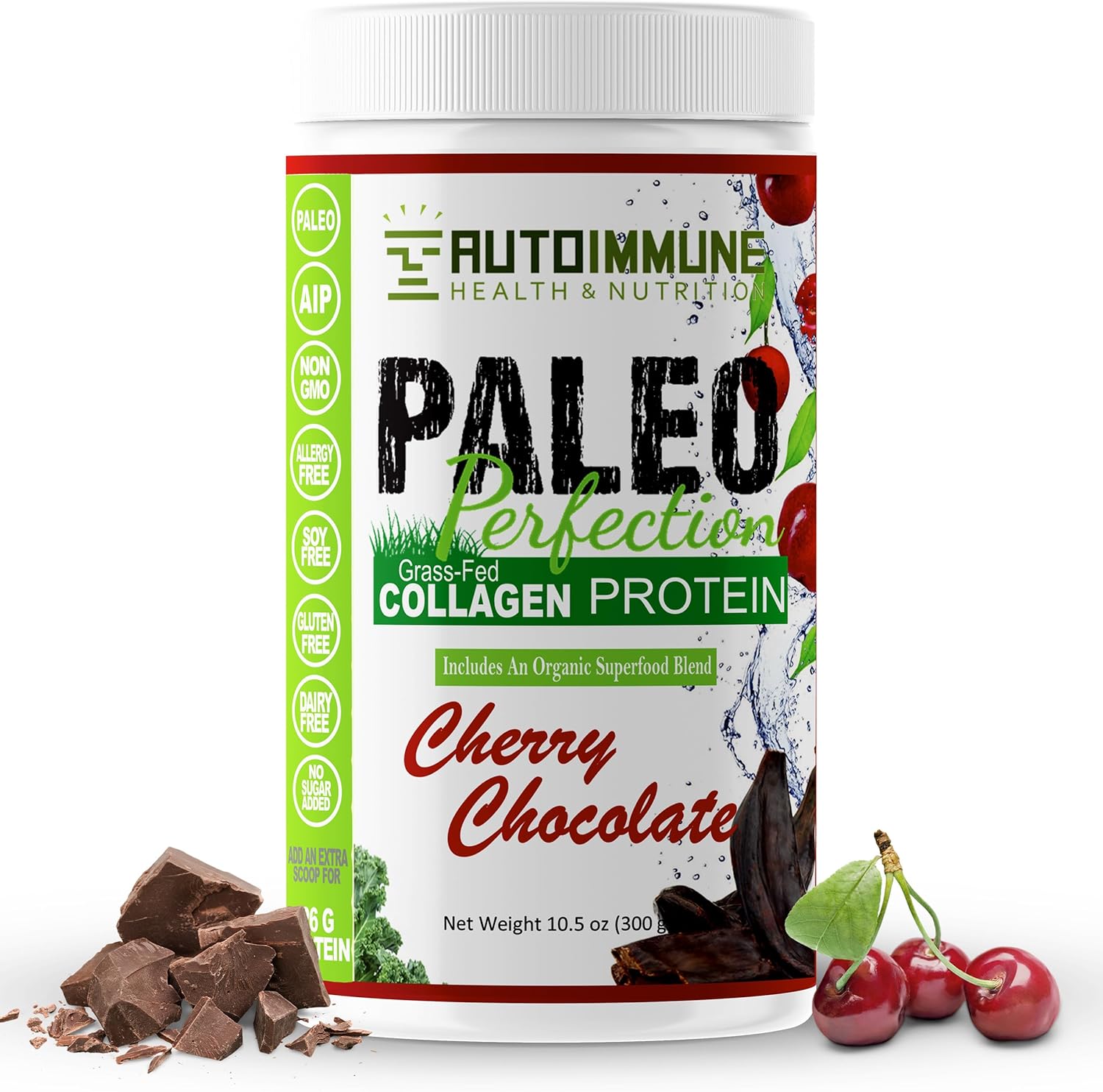 Cherry Chocolate Grass Fed Beef Collagen Protein Powder for Autoimmune Health & Nutrition - Paleo, Keto, SCD, AIP Friendly - 300g Superfood Blend with Apple Fiber, Carrot, and Broccoli