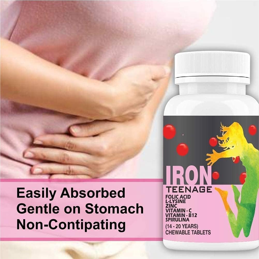 Chewable Iron Tablet with Folic Acid, Vitamin C, B12, Spirulina & Zinc - Boosts Haemoglobin, Immunity, Stamina, Energy for Women & Teenage Girls - 60 Tablets