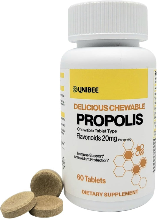 Chewable Propolis Tablets with 20mg Flavonoids for Immune Support and Antioxidant Protection - 60 Tablets