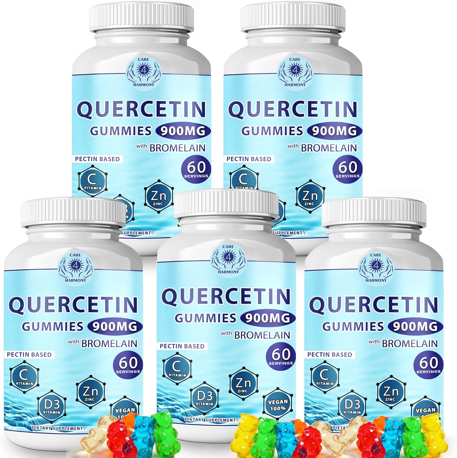 Chewable Quercetin Gummies with Bromelain, Vitamin C, Zinc, and Vitamin D3 - 900mg Quercetin Supplement for Kids and Adults - 5 Pack